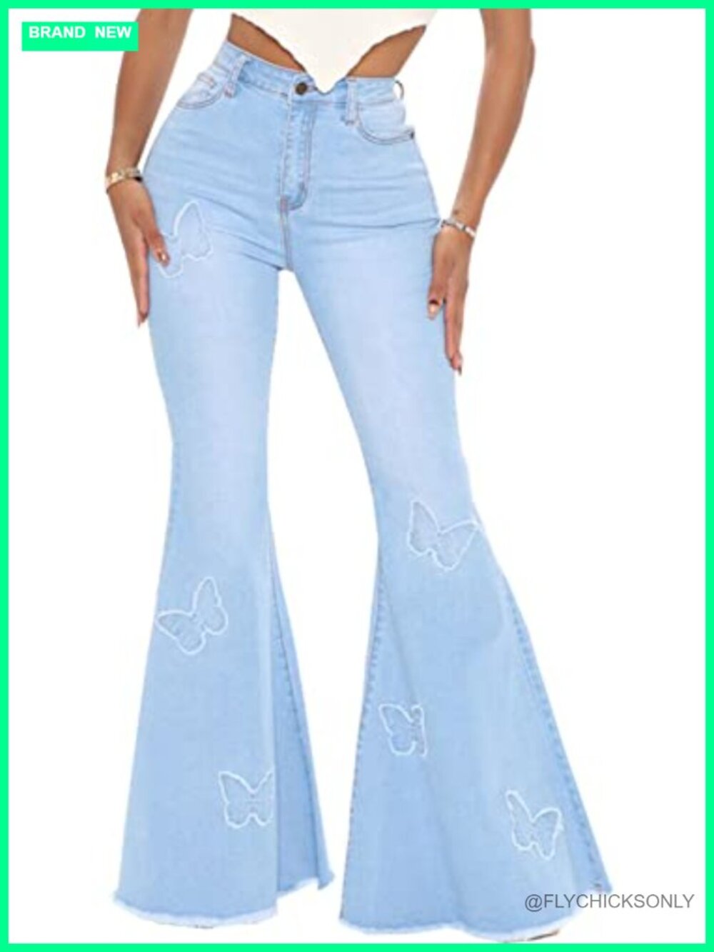Women's Butterfly Bell Bottom Jeans Elastic High Waisted Flare Denim Pants
